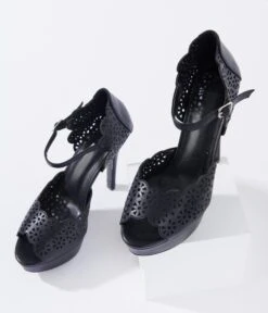 Black Leatherette Faux Lace Platform Heels -Pleaser Clothing Store black leatherette faux lace platform heels 363083