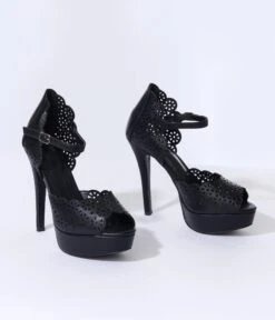 Black Leatherette Faux Lace Platform Heels -Pleaser Clothing Store black leatherette faux lace platform heels 994996