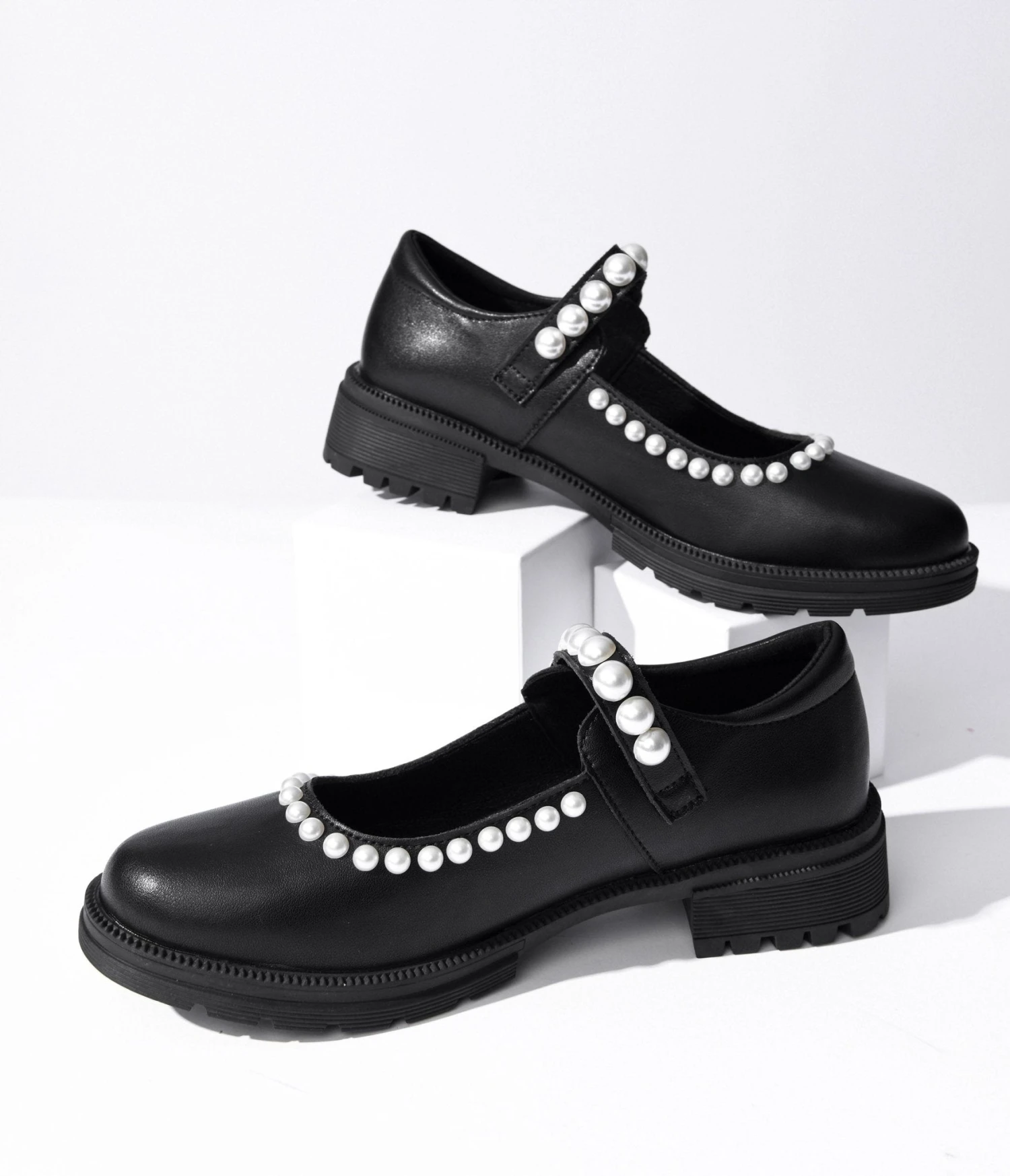 Black Leatherette & Pearl Mary Jane Flats 1 Black Leatherette & Pearl Mary Jane Flats