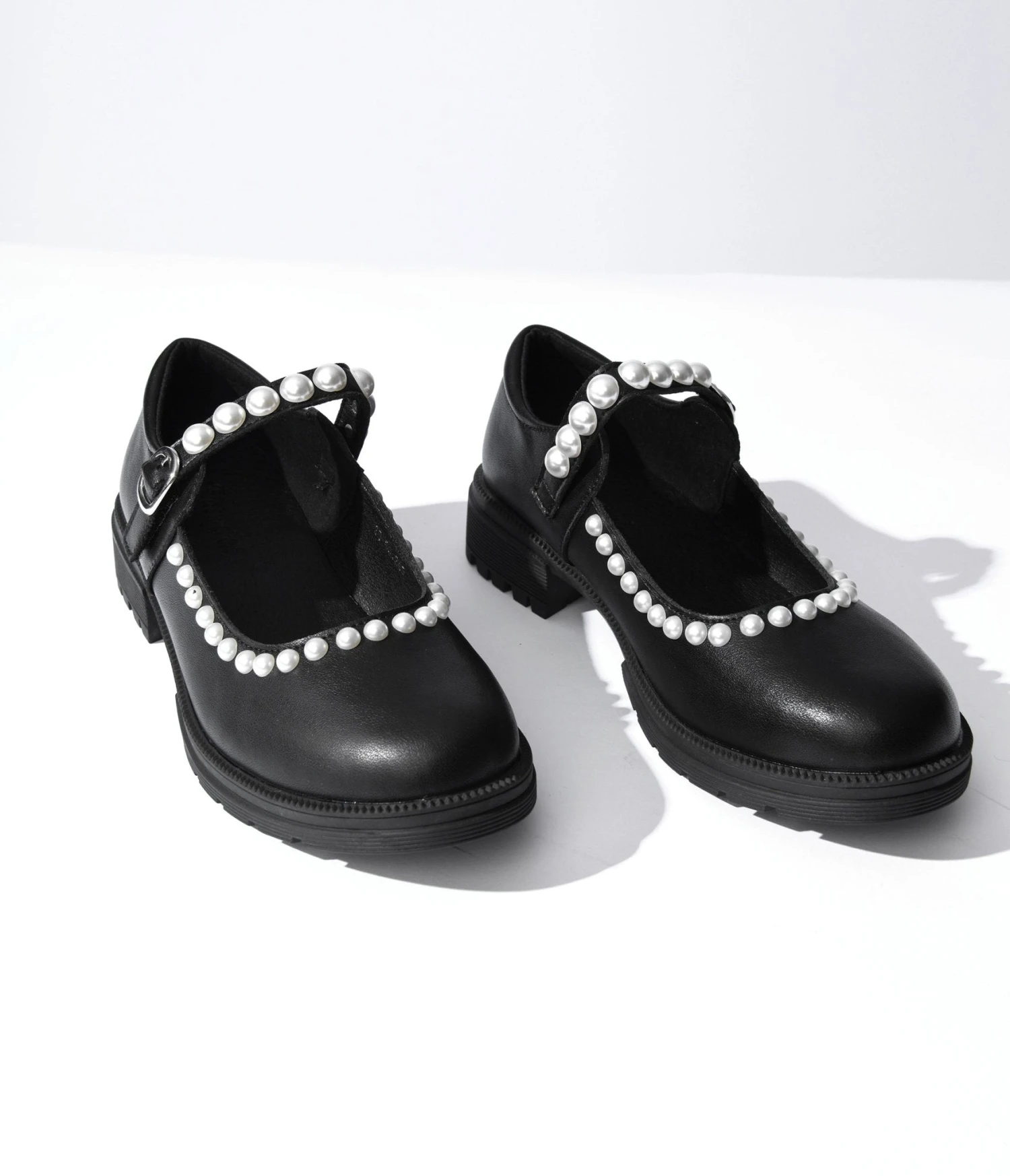 Black Leatherette & Pearl Mary Jane Flats 2 Black Leatherette & Pearl Mary Jane Flats - Image 2