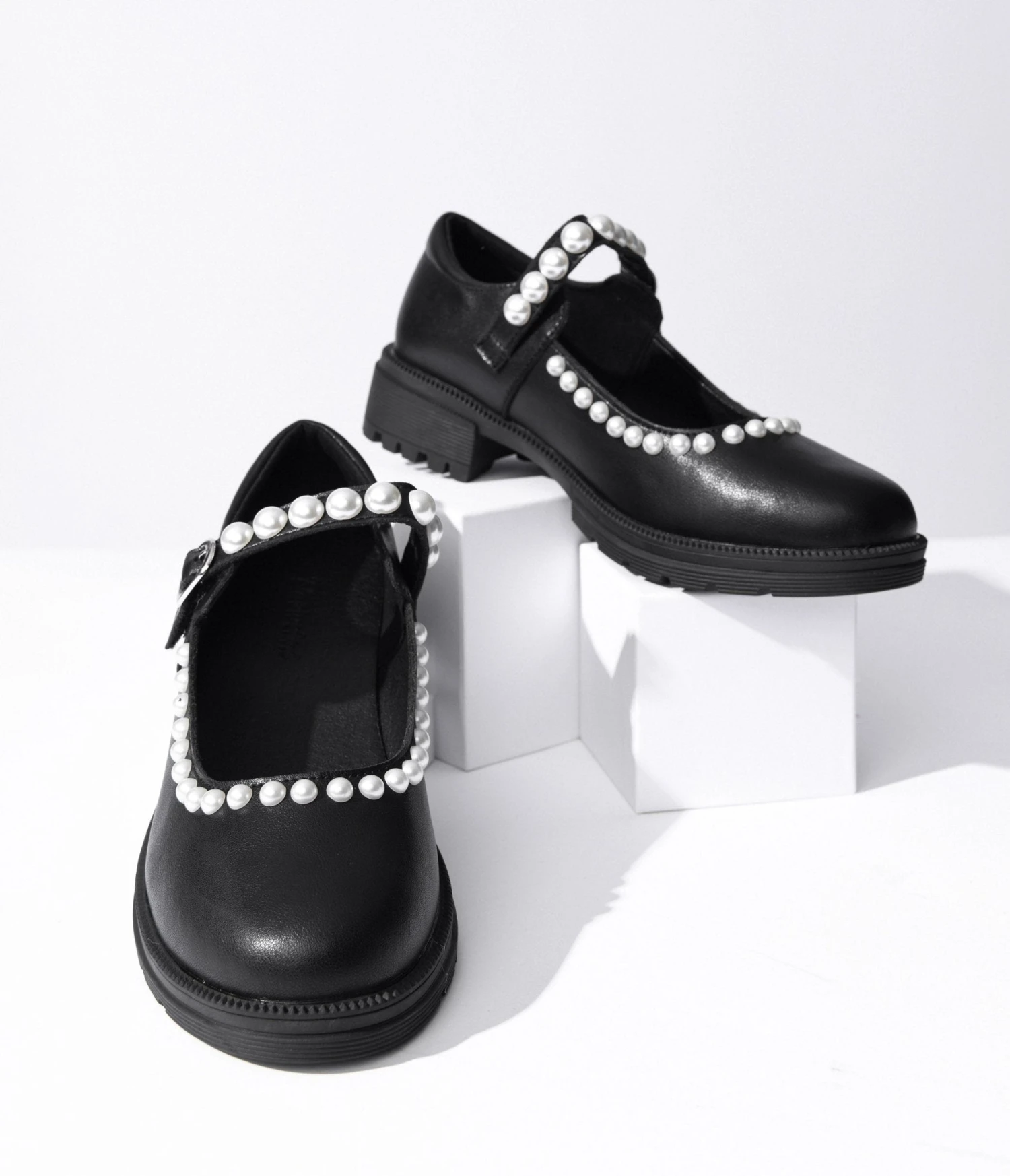 Black Leatherette & Pearl Mary Jane Flats 3 Black Leatherette & Pearl Mary Jane Flats - Image 3