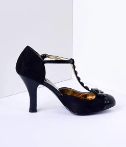 PLEASER Black Microsuede Button Up T-Strap Heels -Pleaser Clothing Store black microsuede button up t strap heels 551185