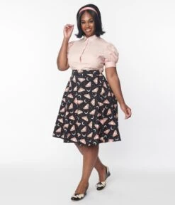 Black Moon & Pink Butterfly Print Flare Skirt