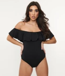 Black Off Shoulder Ruffle Swimsuit -Pleaser Clothing Store black off shoulder ruffle swimsuit 469637