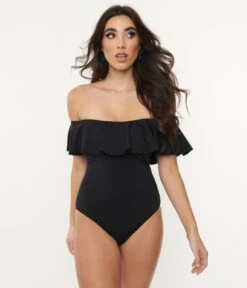 Black Off Shoulder Ruffle Swimsuit -Pleaser Clothing Store black off shoulder ruffle swimsuit 541220