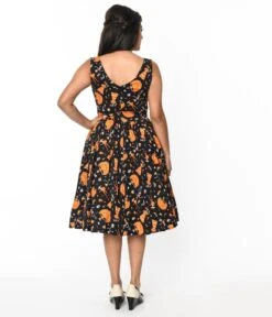 Black & Orange Day Of The Dead Swing Dress -Pleaser Clothing Store black orange day of the dead swing dress 986677