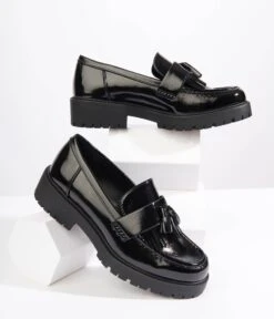 Black Patent Leatherette Chunky Loafers -Pleaser Clothing Store black patent leatherette chunky loafers 543710