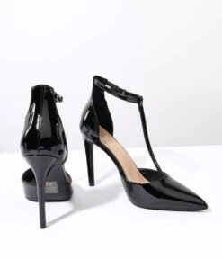 Black Patent Leatherette T-Strap Stiletto Heels -Pleaser Clothing Store black patent leatherette t strap stiletto heels 533744