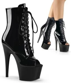 PLEASER Black Patent Platform Peep Toe Ankle Boot