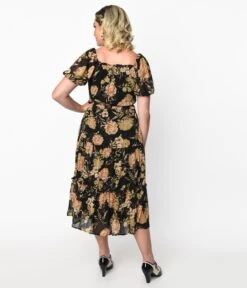 Black & Pink Antique Floral Smocked Puff Sleeve Midi Dress -Pleaser Clothing Store black pink antique floral smocked puff sleeve midi dress 825262