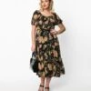Black & Pink Antique Floral Smocked Puff Sleeve Midi Dress