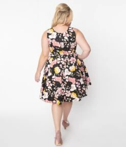 Black & Pink Cherry Blossom Swing Dress -Pleaser Clothing Store black pink cherry blossom swing dress 830263