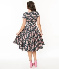 Black & Pink Floral Cleo Swing Dress -Pleaser Clothing Store black pink floral cleo swing dress 730408