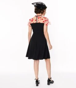 Black & Pink Floral Mesh Illusion Neckline Flare Dress -Pleaser Clothing Store black pink floral mesh illusion neckline flare dress 524694