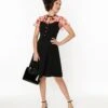 Black & Pink Floral Mesh Illusion Neckline Flare Dress