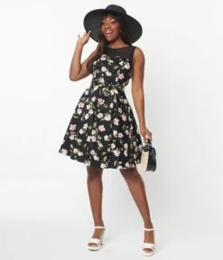 Black & Pink Floral Swing Dress -Pleaser Clothing Store black pink floral swing dress 199231