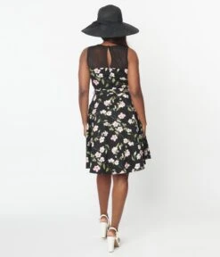 Black & Pink Floral Swing Dress -Pleaser Clothing Store black pink floral swing dress 541947