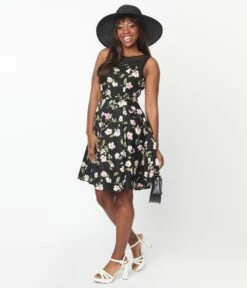 Black & Pink Floral Swing Dress -Pleaser Clothing Store black pink floral swing dress 773927