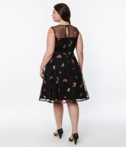Black Polka Dot Tulle & Pink Floral Swing Dress 5 Black Polka Dot Tulle & Pink Floral Swing Dress -Pleaser Clothing Store black polka dot tulle pink floral swing dress 844139
