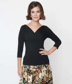 Black Quarter Sleeve Surplice Top -Pleaser Clothing Store black quarter sleeve surplice top 983119