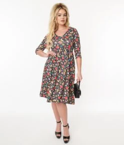 Black & Rainbow Retro Print Flare Dress