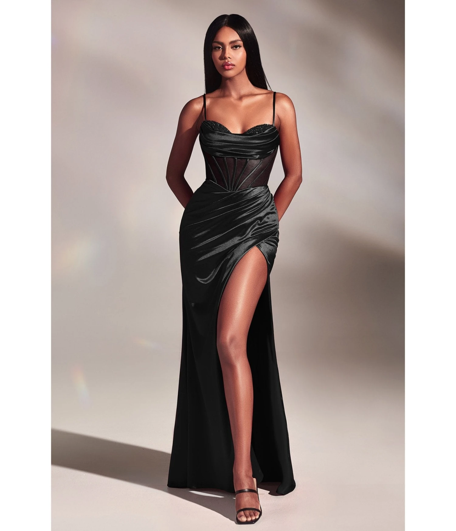 Cinderella Divine Black Satin Beaded Draped Corset Prom Dress 1 Cinderella Divine Black Satin Beaded Draped Corset Prom Dress