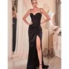Cinderella Divine Black Satin Corset Slit Evening Gown