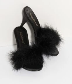 PLEASER Black Satin & Marabou Feather Peep Toe Amour Heel Slipper