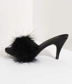 PLEASER Black Satin & Marabou Feather Peep Toe Amour Heel Slipper -Pleaser Clothing Store black satin marabou feather peep toe amour heel slipper 267286
