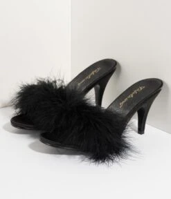 PLEASER Black Satin & Marabou Feather Peep Toe Amour Heel Slipper -Pleaser Clothing Store black satin marabou feather peep toe amour heel slipper 601921