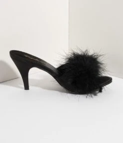 PLEASER Black Satin & Marabou Feather Peep Toe Amour Heel Slipper -Pleaser Clothing Store black satin marabou feather peep toe amour heel slipper 751209