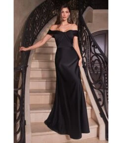 Cinderella Divine Black Satin Off The Shoulder Prom Gown