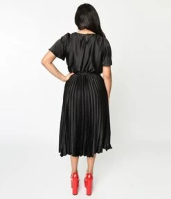 Black Satin Pleated Midi Dress -Pleaser Clothing Store black satin pleated midi dress 715653