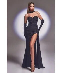 Cinderella Divine Black Satin Strapless Halter Prom Gown With Gloves