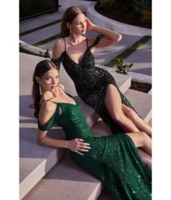 Cinderella Divine Black Sequin Cold Shoulder Bridesmaid Gown -Pleaser Clothing Store black sequin cold shoulder bridesmaid gown 379633