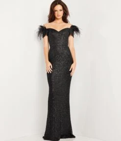 Jovani Black Sequin & Feather Sheath Prom Gown
