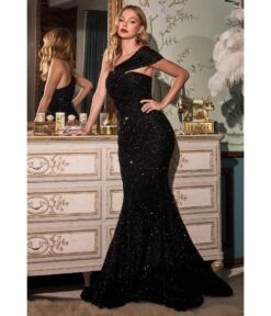 Cinderella Divine Black Sequin One Shoulder Mermaid Prom Gown