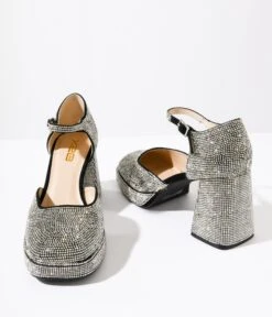 Black & Silver Rhinestone Mary Jane Heels -Pleaser Clothing Store black silver rhinestone mary jane heels 562827