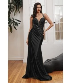 Cinderella Divine Black Soft Satin Sheer Leaves Gown