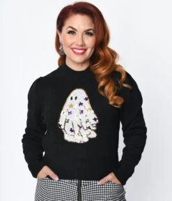 Black Starry Ghost Sequin Sweater -Pleaser Clothing Store black starry ghost sequin sweater 465061