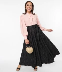 Black Textured Sashed Maxi Skirt