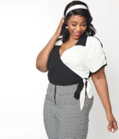 Black & White Colorblock Bowler Wrap Top -Pleaser Clothing Store black white colorblock bowler wrap top 187199