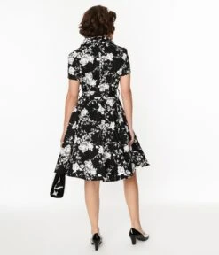 Black & White Floral Swing Shirt Dress 5 Black & White Floral Swing Shirt Dress -Pleaser Clothing Store black white floral swing shirt dress 360106