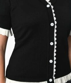 Black & White Frill Short Sleeve Cardigan -Pleaser Clothing Store black white frill short sleeve cardigan 498252