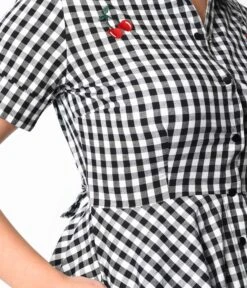 Black & White Gingham Cherry Swing Dress -Pleaser Clothing Store black white gingham cherry swing dress 903386