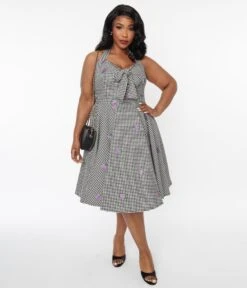 Black & White Gingham Grape Embroidered Halter Swing Dress -Pleaser Clothing Store black white gingham grape embroidered halter swing dress 679156