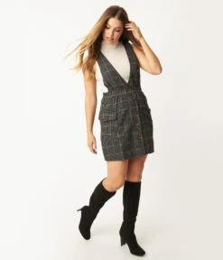 Black & White Plaid Tweed Pinafore Flare Dress 9 Black & White Plaid Tweed Pinafore Flare Dress -Pleaser Clothing Store black white plaid tweed pinafore flare dress 123259