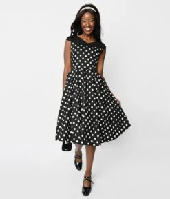 Black & White Polka Dot Off The Shoulder Swing Dress -Pleaser Clothing Store black white polka dot off the shoulder swing dress 496142