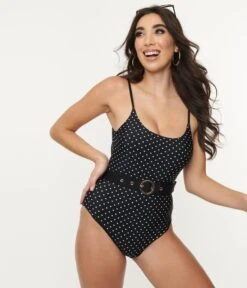 Black & White Polka Dots Belt Swimsuit -Pleaser Clothing Store black white polka dots belt swimsuit 425442