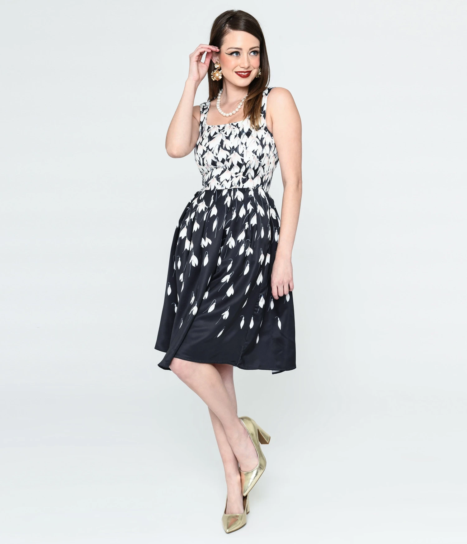 Black & White Snowdrop Floral Swing Dress 2 Black & White Snowdrop Floral Swing Dress - Image 2